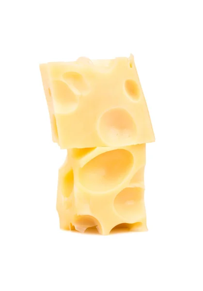 白色背景上有孔的两块奶酪 — 图库照片