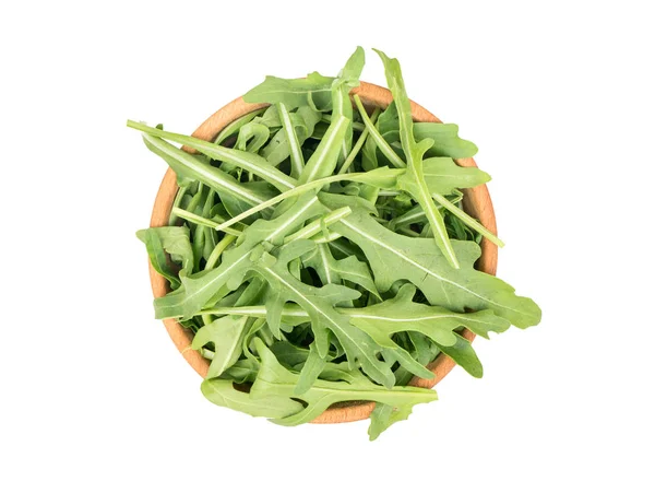 Ciotola Legno Con Foglie Rucola Fresche Isolate Sfondo Bianco Vista — Foto Stock