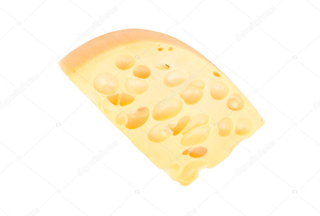 Small piece of cheese with holes isolated on white background, top view