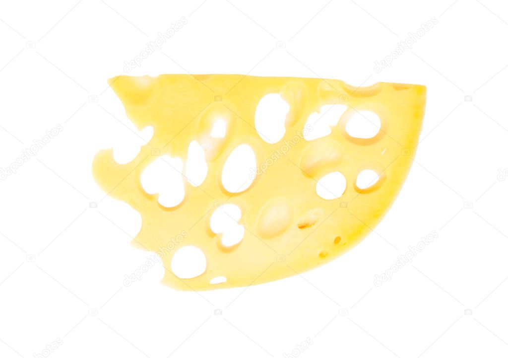 Thin slice of cheese with holes on white background, top view