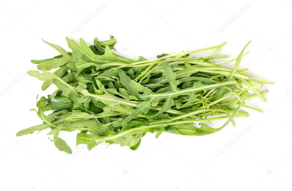 Bunch of fresh arugula isolated on white background, top view