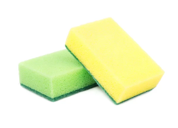 Зеленое Желтое Блюдо Стиральная Губка Белом Фоне — стоковое фото