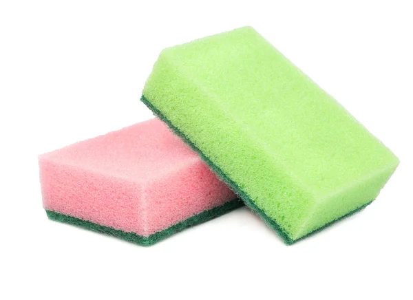 Roze Groene Afwassen Spons Witte Achtergrond — Stockfoto