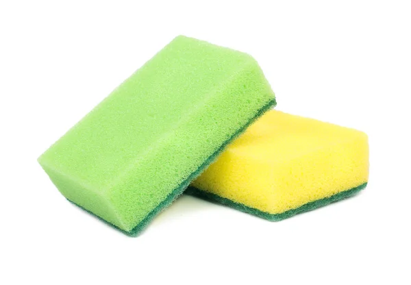 Σφουγγάρι Κίτρινο Και Πράσινο Πλύσιμο Πιάτων Λευκό Φόντο — Φωτογραφία Αρχείου