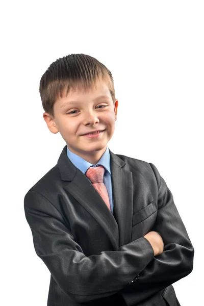 Porträt Eines Fröhlichen Schuljungen Blazer Auf Weißem Hintergrund — Stockfoto