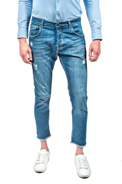 Manlig Modell Blå Jeans Botten Vit Bakgrund — Stockfoto