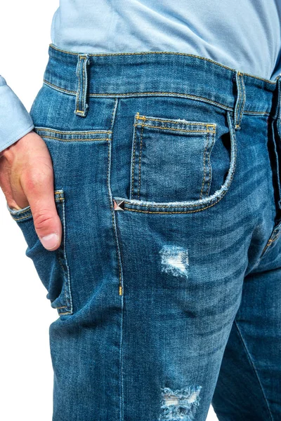 Neue Mode Blaue Herren Jeans Aus Nächster Nähe — Stockfoto