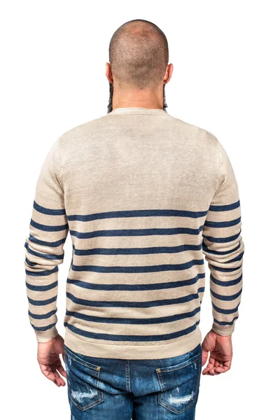 男性模型在条纹毛衣在白色背景 后视镜 — 图库照片