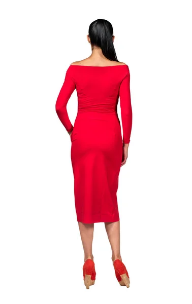Modelo Vestido Vermelho Curto Fundo Branco Visão Traseira — Fotografia de Stock