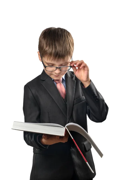 Libro Lectura Colegial Con Gafas Sobre Fondo Blanco — Foto de Stock