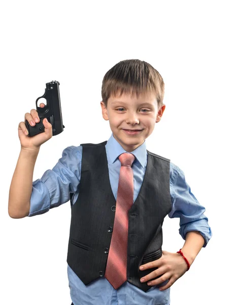 Çocuk Bir Kravat Beyaz Bir Arka Plan Üzerinde Elinde Bir — Stok fotoğraf