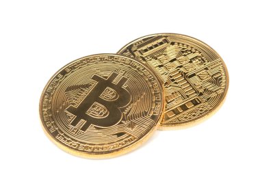 Bitcoins beyaz bir arka plan üzerinde iki altın paralar