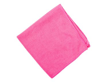 Küçük pembe mutfak havlusu beyaz arka planda, üstten görünüm