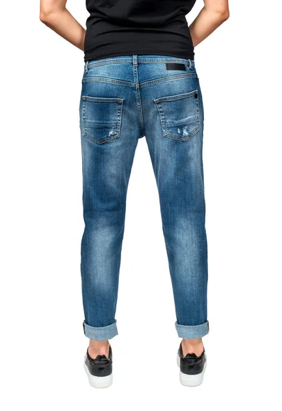 Jeans Blu Sul Modello Della Vista Posteriore Sfondo Bianco — Foto Stock