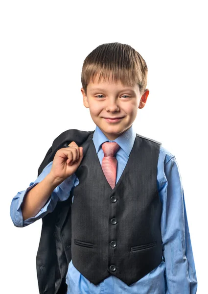 Retrato Estudante Alegre Uma Camisa Fundo Branco — Fotografia de Stock