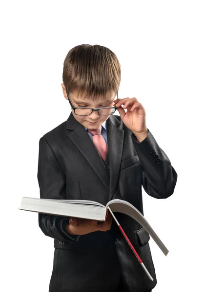 Schoolboy Reading Book Glasses White Background — Stock Photo, Image