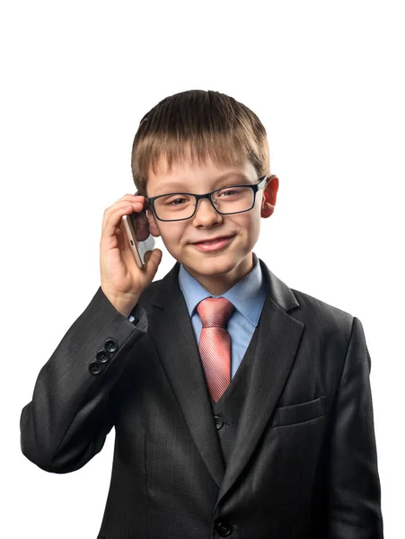 Estudante Vestindo Óculos Chamando Smartphone Fundo Branco — Fotografia de Stock