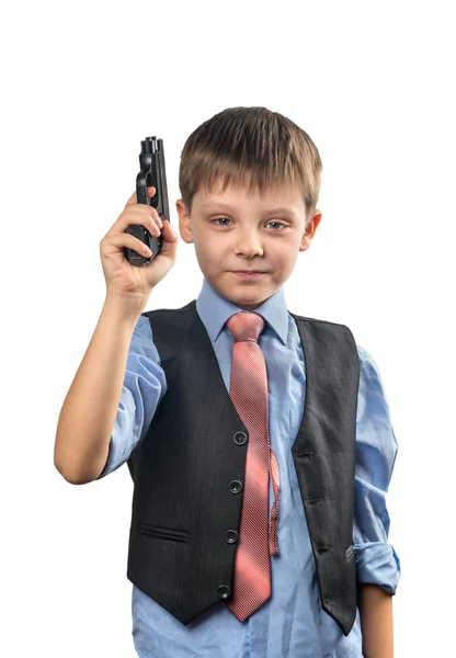 Chlapec Kravatě Drží Zbraň Ruce Bílém Pozadí — Stock fotografie