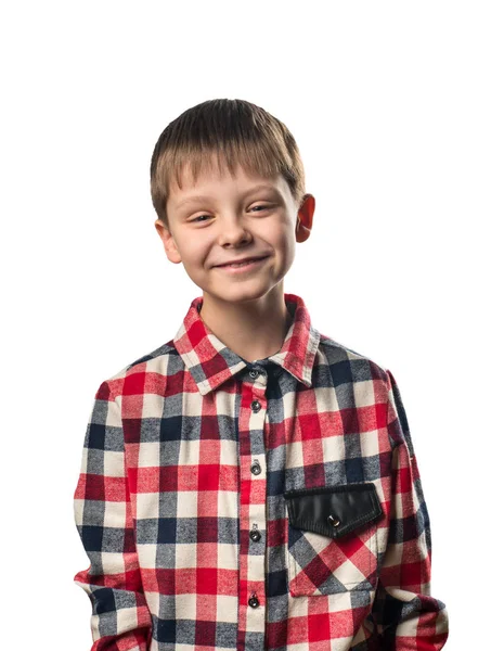 Смеющийся Мальчик Рубашке Белом Фоне — стоковое фото