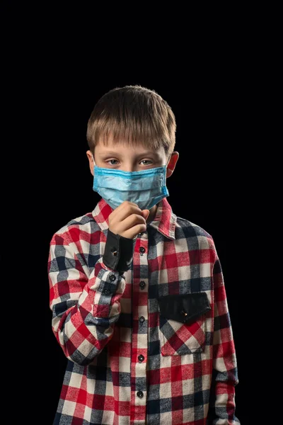 Sick Boy Protective Mask Black Background — Stock Photo, Image