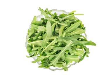 Cam kase taze roka ile izole üzerinde beyaz arka plan, üstten görünüm bırakır