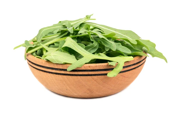 Ciotola Legno Con Foglie Rucola Fresca Isolate Sfondo Bianco — Foto Stock