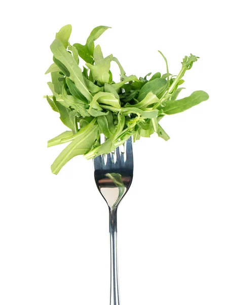 Foglie Rucola Verde Forchetta Fondo Bianco — Foto Stock