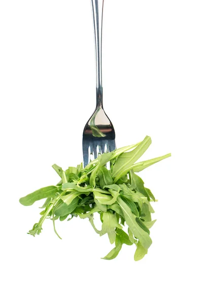 Foglie Rucola Verde Forchetta Fondo Bianco — Foto Stock