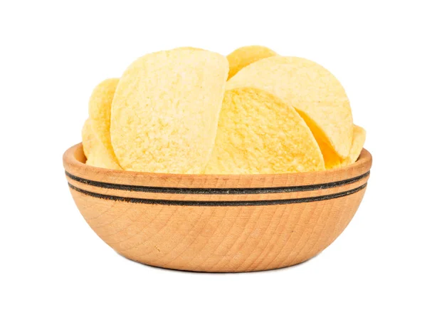 Burgonya Chips Fából Készült Bowl Fehér Háttér — Stock Fotó