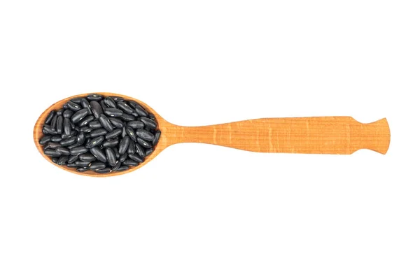 Black Beans Wooden Spoon White Background Top View — Stock Photo, Image