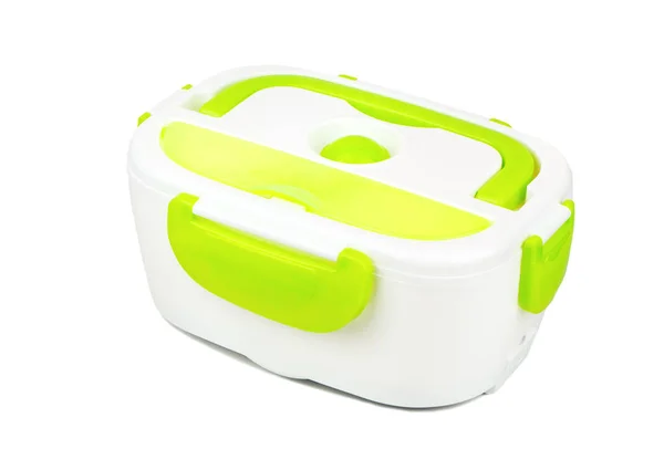 白色背景隔离的绿色塑料午餐盒 — 图库照片