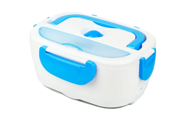 Caixa Almoço Plástico Azul Isolado Fundo Branco — Fotografia de Stock