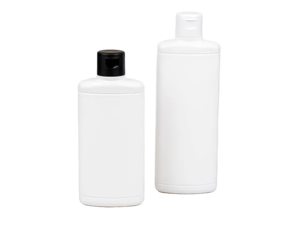Dua Botol Plastik Kosmetik Pada Latar Belakang Putih — Stok Foto