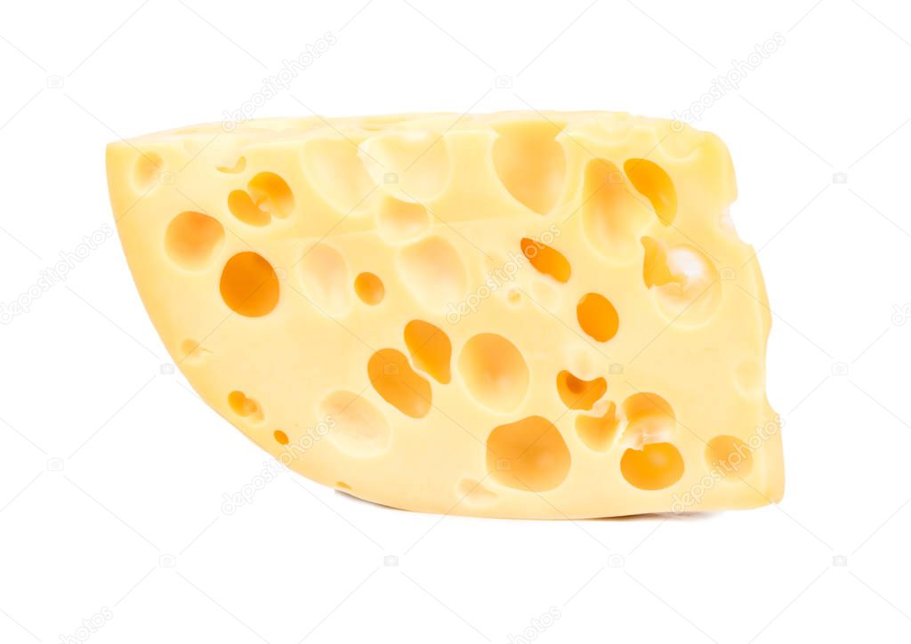 Piece of cheese with holes on white background