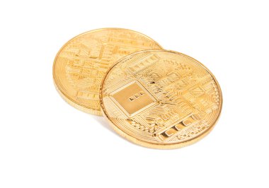 Bitcoins beyaz bir arka plan üzerinde iki altın paralar