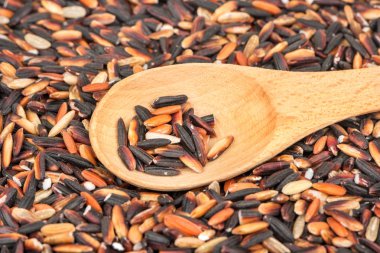 Tahta kaşık yakın çekim ile ham siyah pirinç