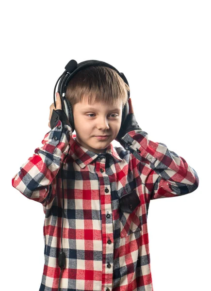 Retrato Menino Ouvindo Música Fones Ouvido Fundo Branco — Fotografia de Stock