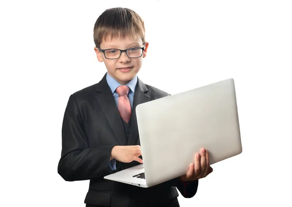 Portret Uczniak Trzymając Laptop Jego Ręce Białym Tle — Zdjęcie stockowe