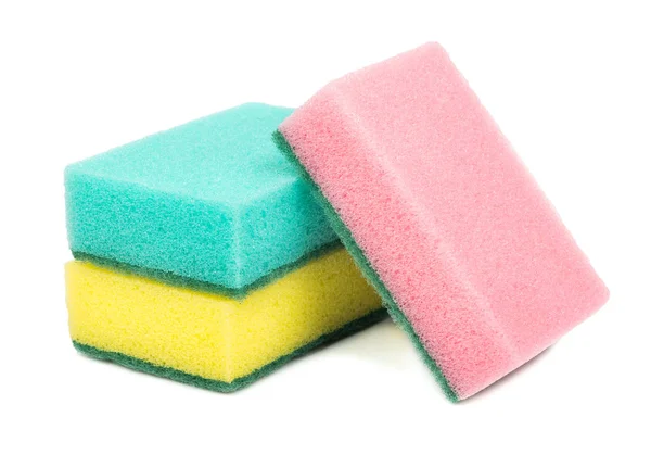 Three Colored Sponges Washing Dishes White Background Stock Image