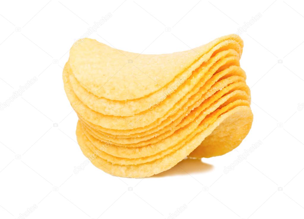 Stack of potato chips with cheese flavor on white background