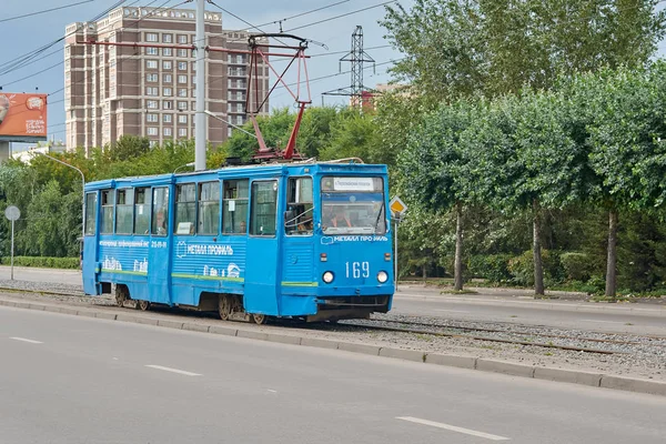 Krasnoyarsk Russia Agosto 2018 Vecchi Tram Dopo Aver Effettuato Lavori — Foto Stock