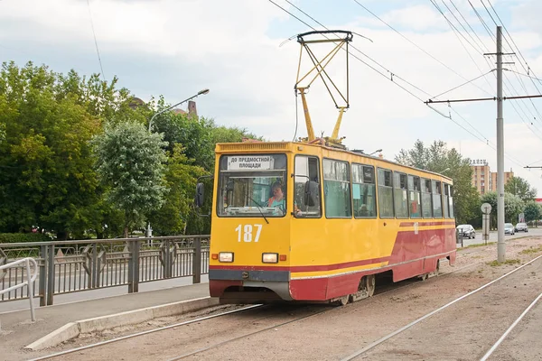 Krasnoyarsk Russia Agosto 2018 Vecchi Tram Dopo Aver Effettuato Lavori — Foto Stock