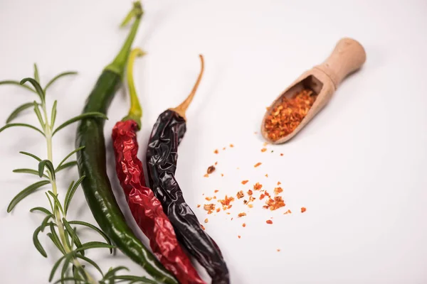 Chilli Powder Fresh Dried Peppers Table Background — Stock Photo, Image