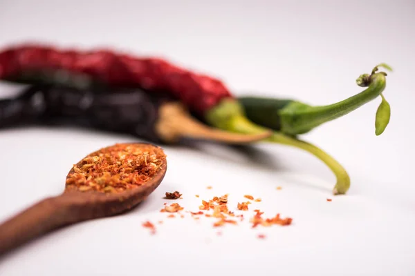 Chilli Powder Fresh Dried Peppers Table Background — Stock Photo, Image