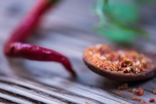 Chilli Powder Fresh Dried Peppers Table Background — Stock Photo, Image