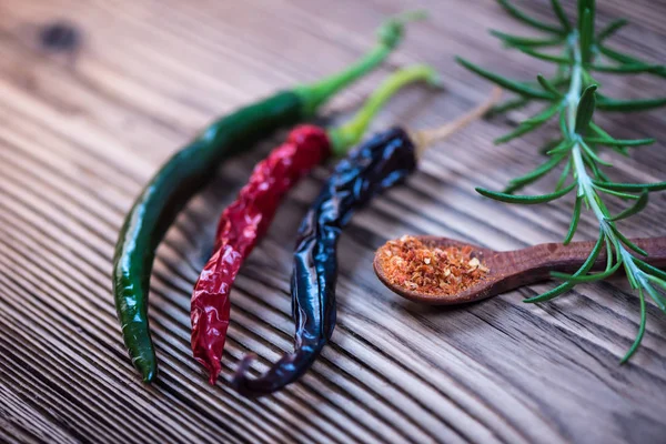 Chilli Powder Fresh Dried Peppers Table Background — Stock Photo, Image