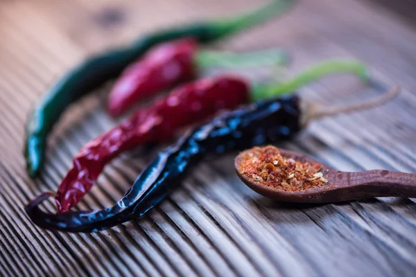 Chilli Powder Fresh Dried Peppers Table Background — Stock Photo, Image