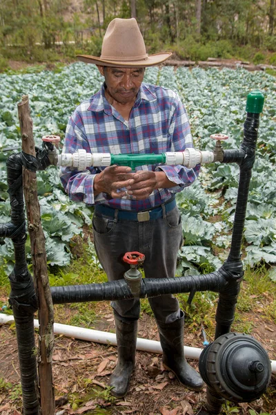 Kleine Landbouwer Controleert Goede Werking Van Zijn Waterirrigatiesysteem — Stockfoto