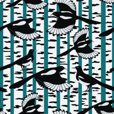 Huş ağacında uçan saksağan kuşların kusursuz deseni. Vektör illüstrasyonu.