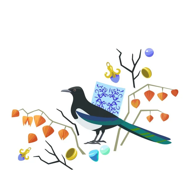 Ilustração original bonito com magpie, elementos majolic, physalis e jóias. Ilustração vetorial . — Vetor de Stock